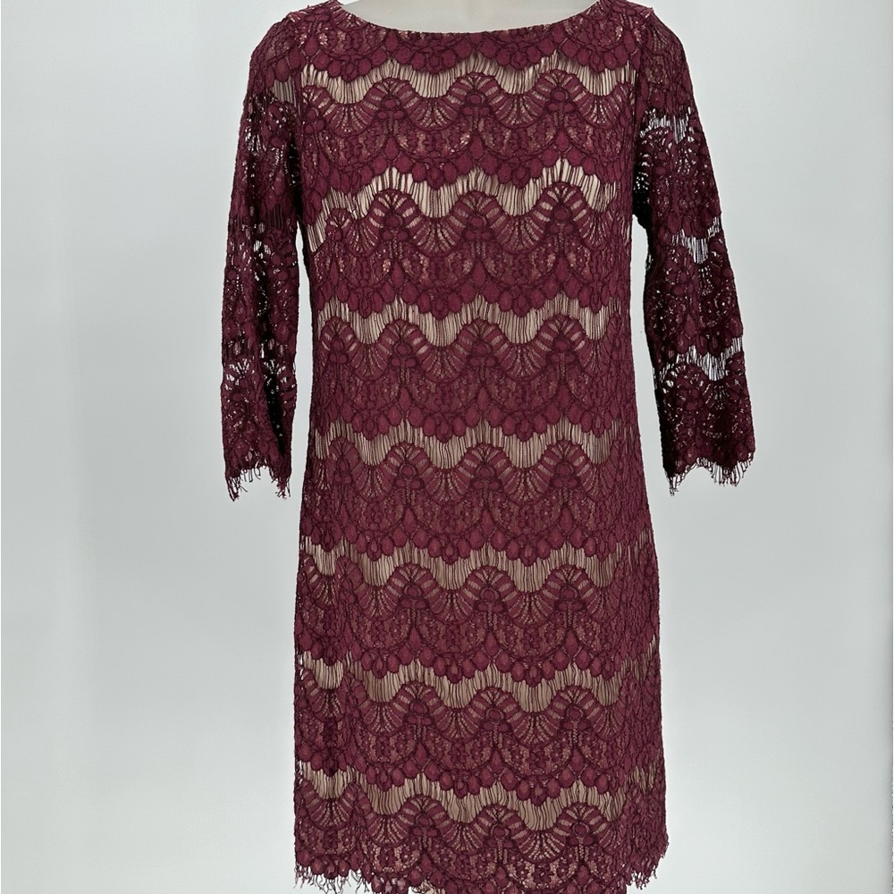Jessica Howard Dress Burgundy Lace Scalloped Overlay Lined 3/4 Sleeves S…